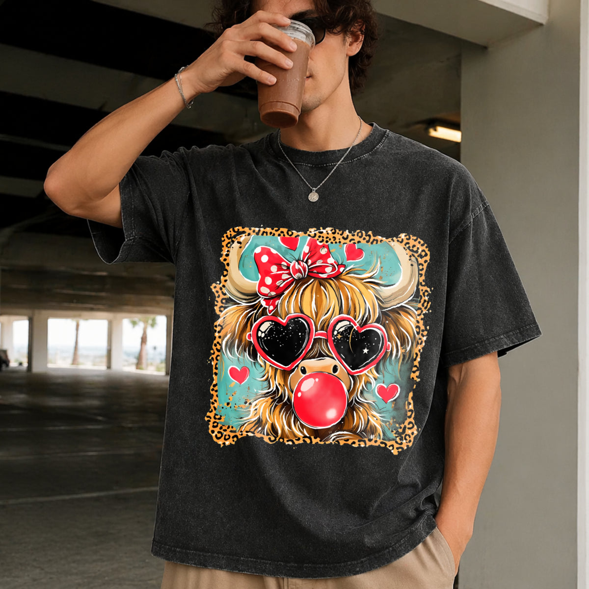 Highland Cow Valentine Coquette Valentine Heart Leopard Vintage Washed T-Shirt in Black