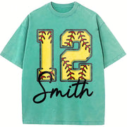 Custom Softball Personalized Softball Number Vintage Washed T-Shirt in Blue