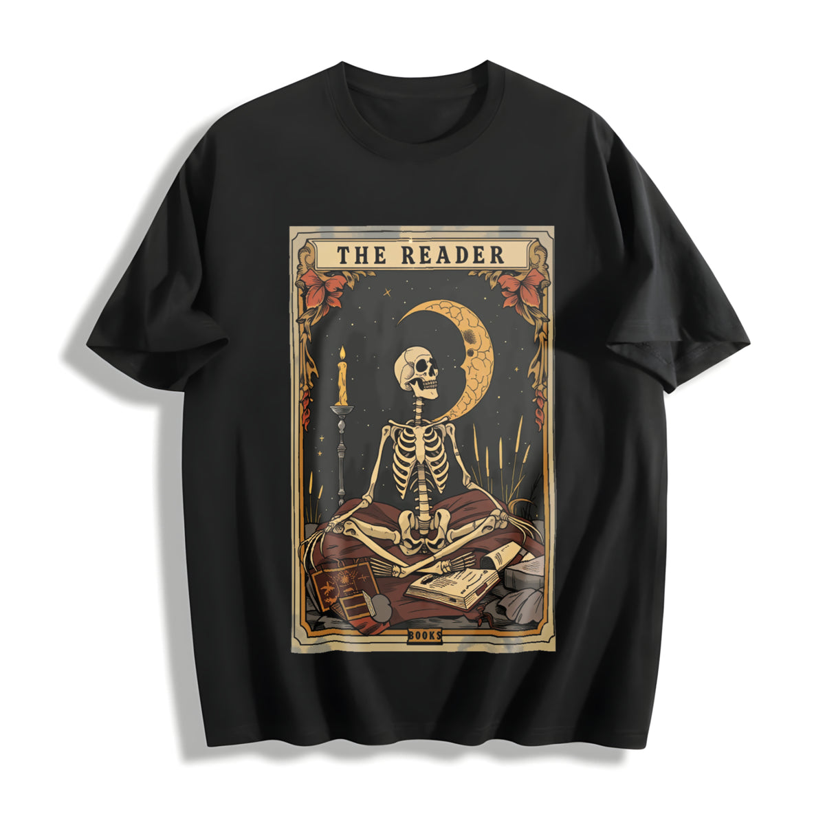 Halloween Skull Skeleton Moon Cotton T-Shirt in Black