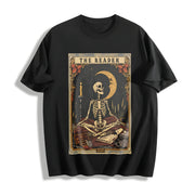 Halloween Skull Skeleton Moon Cotton T-Shirt in Black