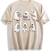 Ghost Reading Book Lover Vintage Washed T-Shirt in Beige