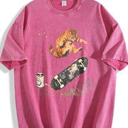 Skateboarding Cat Cats Skate Vintage Washed T-Shirt in Red