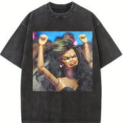 Glam Doll Raising Both Fists Vintage Washed T-Shirt in Black