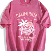 California Surf Beach with Palm Trees & Retro Vintage Washed T-Shirt in Red