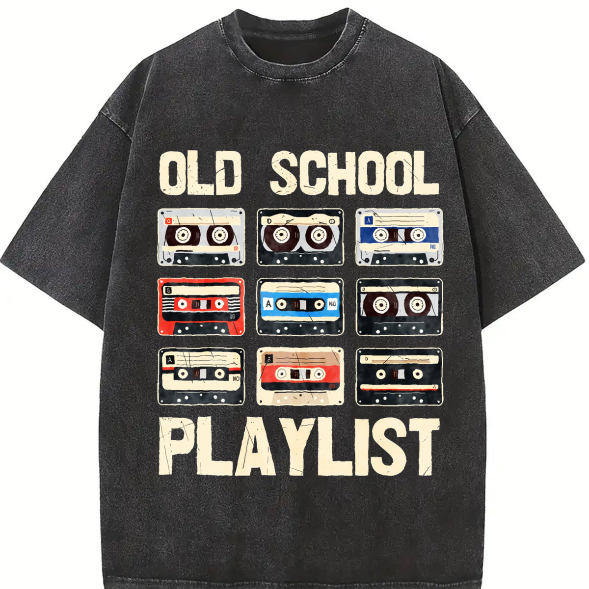Loose Basic with Alphabets Vintage Washed T-Shirt in Black