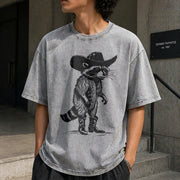 Raccoon Cowboy Western Cowgirl Vintage Washed T-Shirt in Gray