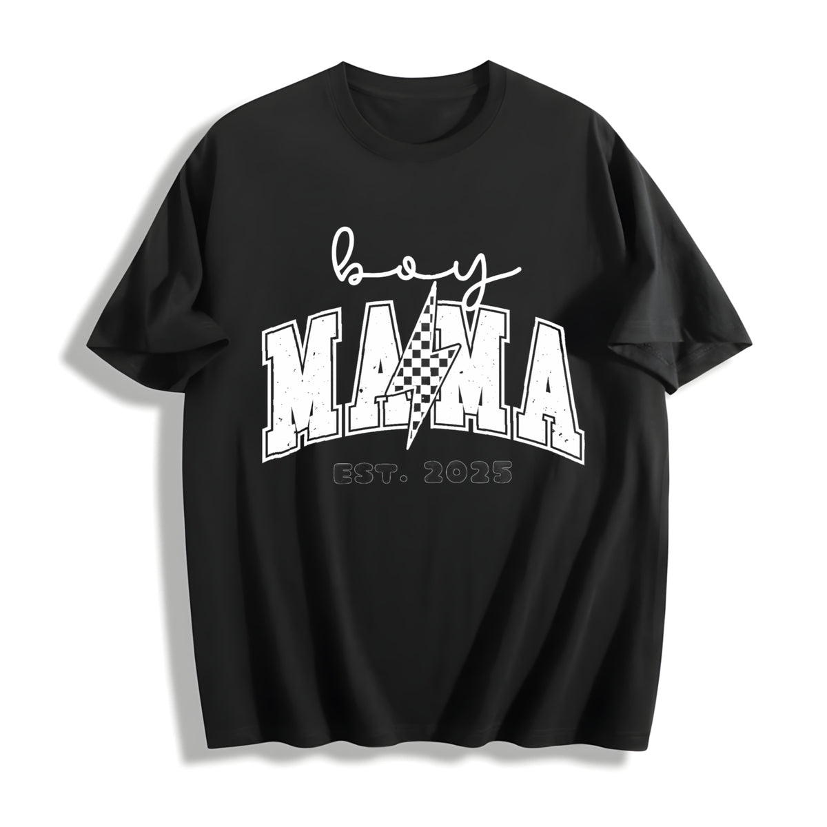 Boy Mom Custom Est Date New Mama Lighting Bolt First Time Cotton T-Shirt in Black