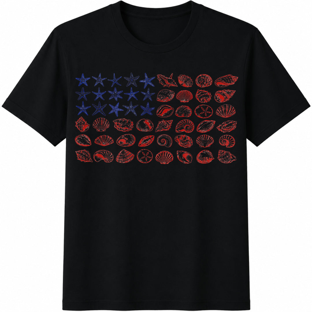 USA Coastal Shell American Flag Sea Shell Cotton T-Shirt in Black