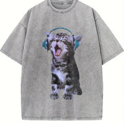 Y2K Headphones Cat Vintage Washed T-Shirt in Gray