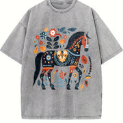 Bohemian Horse & Floral Vintage Washed T-Shirt in Gray
