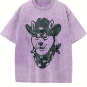 Smoking Cowboy Shiba Inu Retro Vintage Washed T-Shirt in Purple