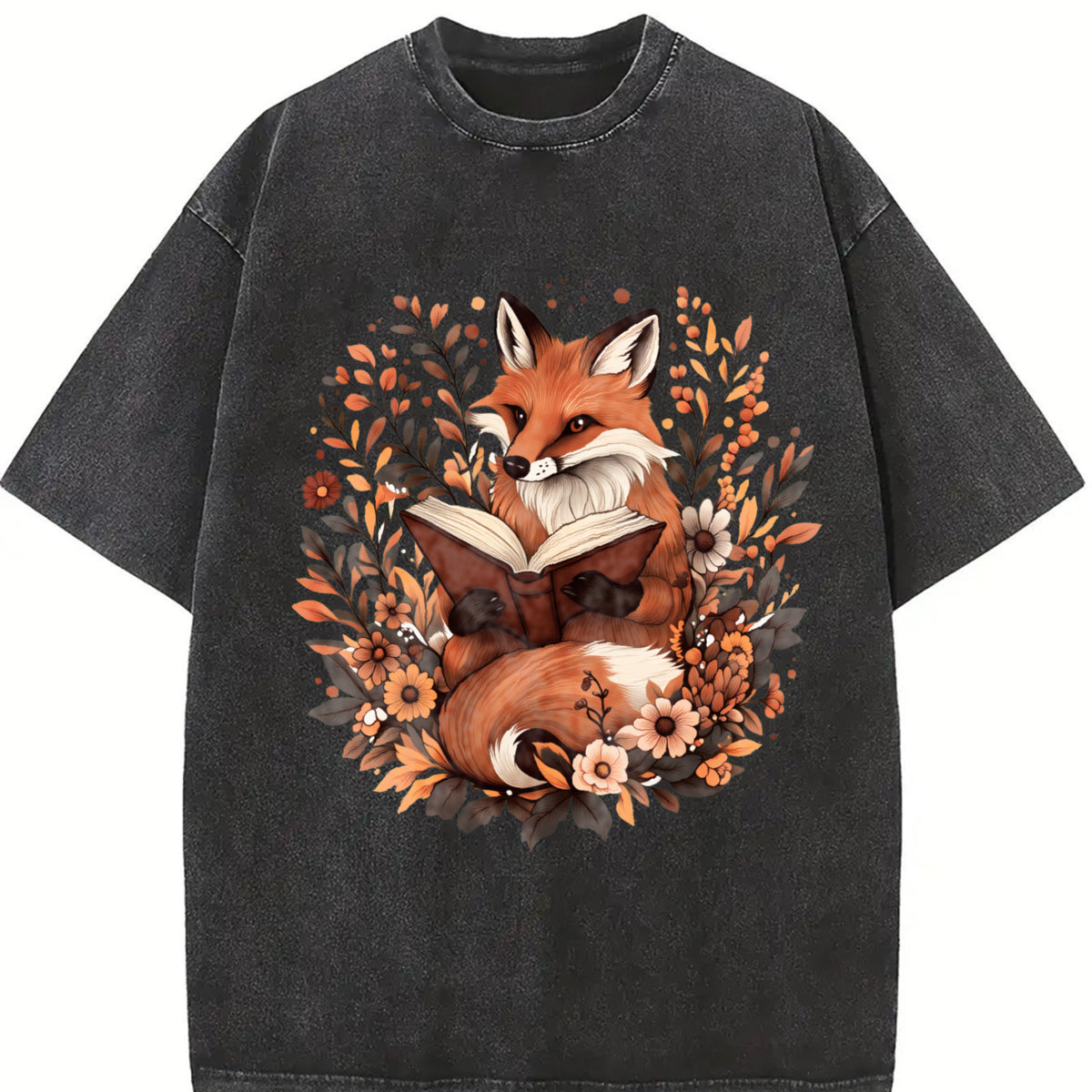 Ladies' Bohemian Short-sleeve Floral with a an Elegant Fox Vintage Washed T-Shirt in Black