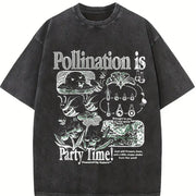 Bee Pollination Retro Insect Flower Vintage Washed T-Shirt in Black