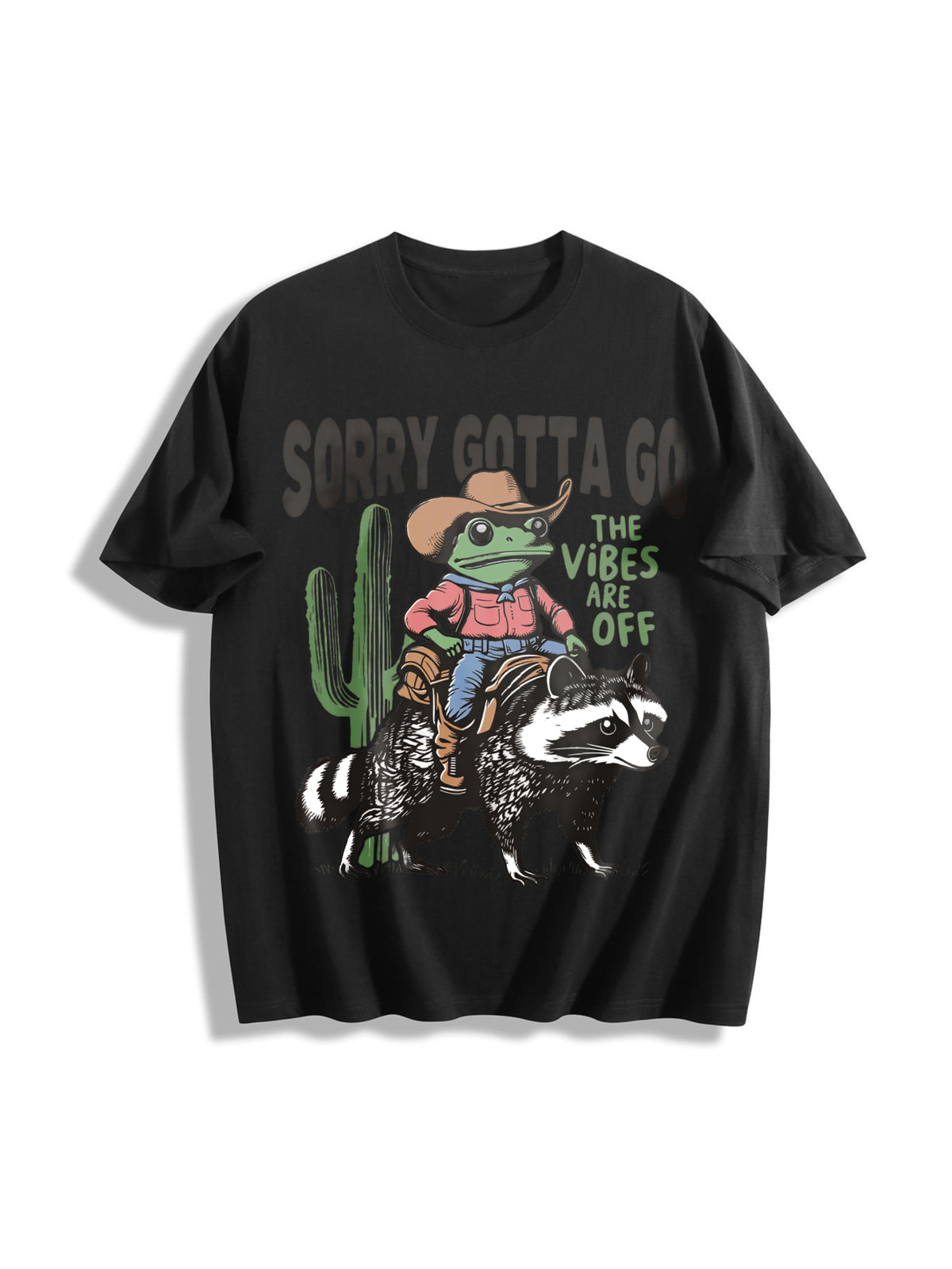 Raccoon Cowboy Frog Retro Cotton T-Shirt in Black