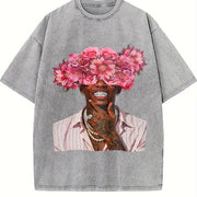 Floral Head Portrait Tank Vintage Washed T-Shirt in Gray
