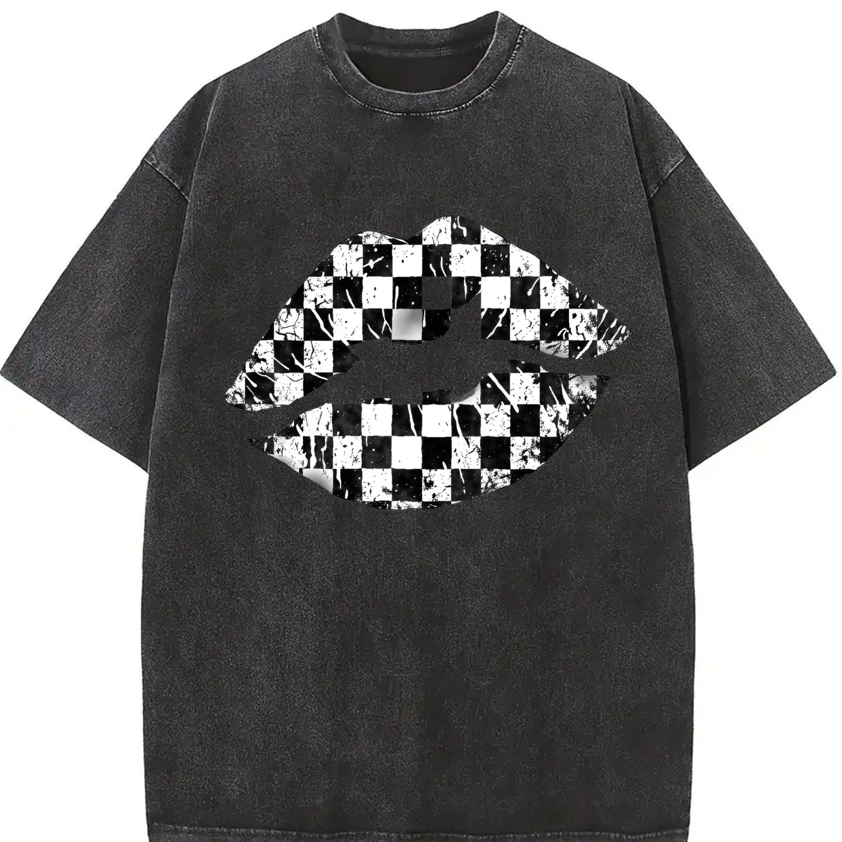 Black and White Checkered Lips Vintage Washed T-Shirt in Black