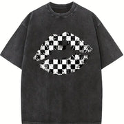 Black and White Checkered Lips Vintage Washed T-Shirt in Black