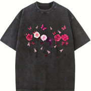 Round-neck Short-sleeve with Pink Floral and Letter Vintage Washed T-Shirt in Black