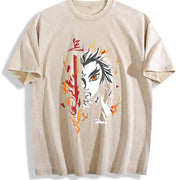 Demon Slayer Kyojuro Rengoku Anime Vintage Washed T-Shirt in Beige