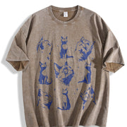Retro Cats Tattoo 90s Vintage Washed T-Shirt in Brown