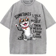 Cat Fashionable Elegant Vintage Washed T-Shirt in Gray