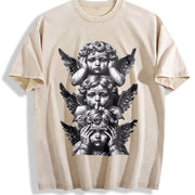 Gothic Three Wise Monkeys Angel Statue Sleeveless Tank Vintage Washed T-Shirt in Beige