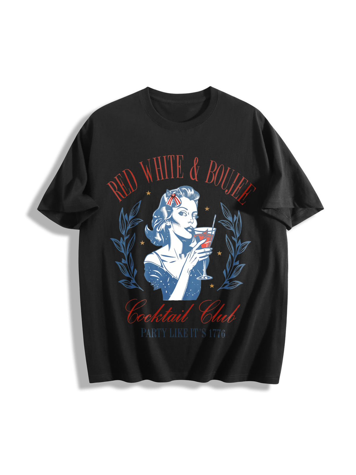 Red White Boujee Cocktails Cotton T-Shirt in Black