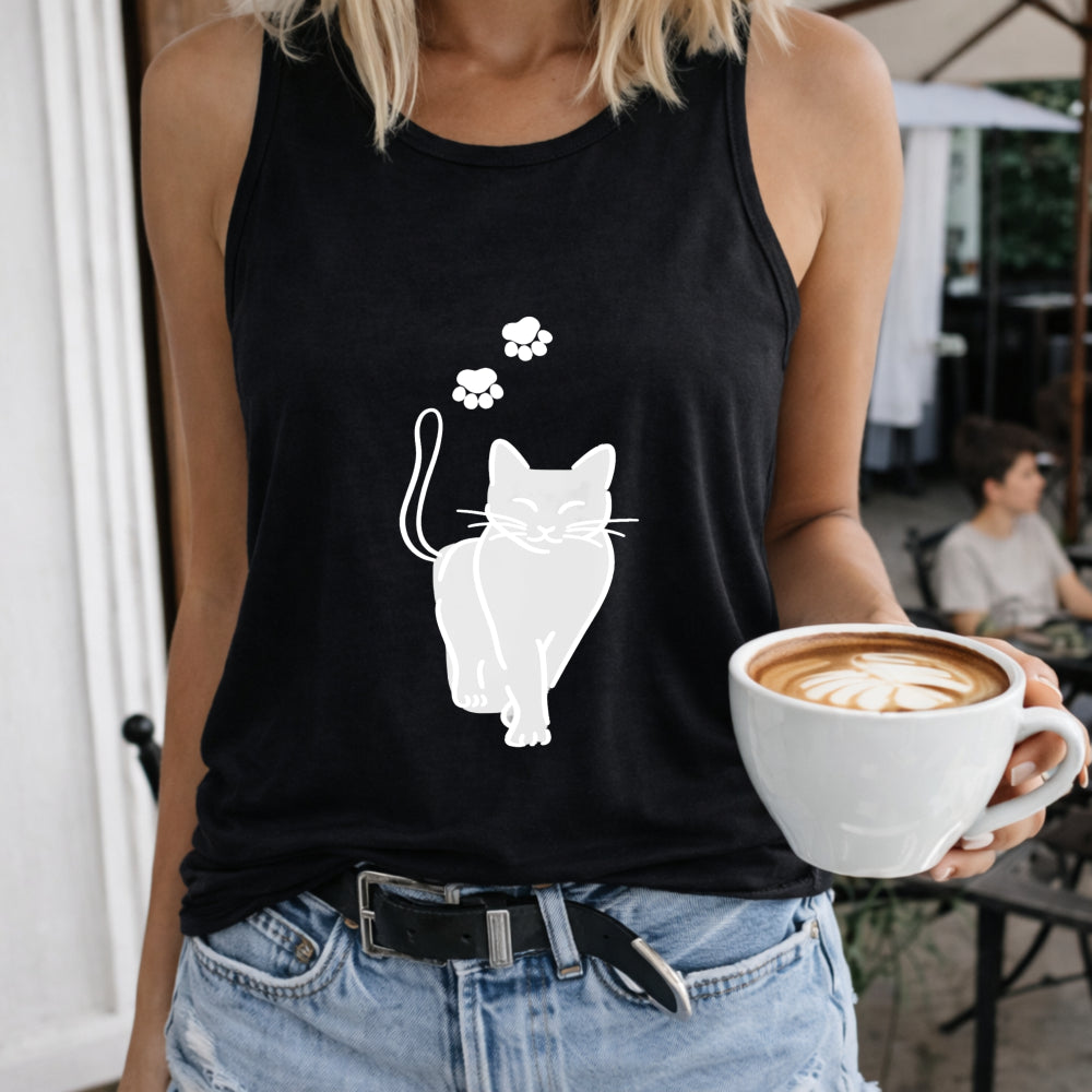 Cat and Flowers Women's Color Cotton Tank Top in Black