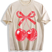 Retro Cherry Bow Halftone Vintage Washed T-Shirt in Beige