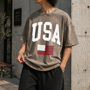 USA Flag Vintage Washed T-Shirt in Brown