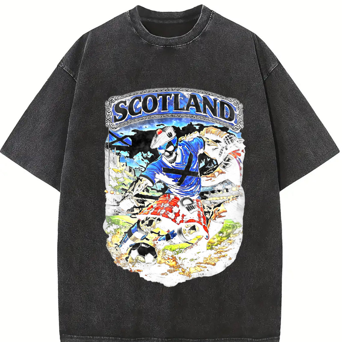 Scotland Skeleton Tartan Kilt Football Sleeveless Tank Vintage Washed T-Shirt in Black