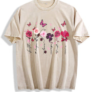 Round-neck Short-sleeve with Pink Floral and Letter Vintage Washed T-Shirt in Beige