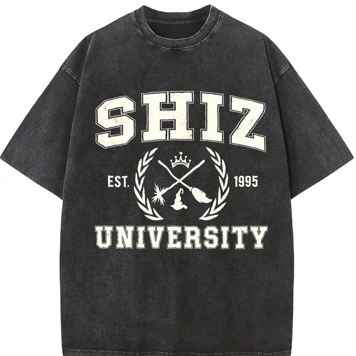 Wicked Shiz University Defy Gravity Broomstick Magic Wand vintage washed oversized T-shirt in Black