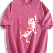 Playful Cat Retro 90s Cute Feline Vintage Washed T-Shirt in Red