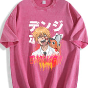 Aki Metal Chainsaw Man Vintage2 O-neck Denji Makima Aki vintage washed oversized T-shirt in Red