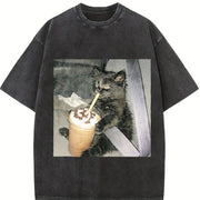 With Cat Coffee Cup in the Car Vintage Washed T-Shirt in Black