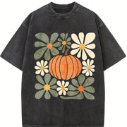 Retro Pumpkin Fall Floral Pumpkin Vintage Washed T-Shirt in Black