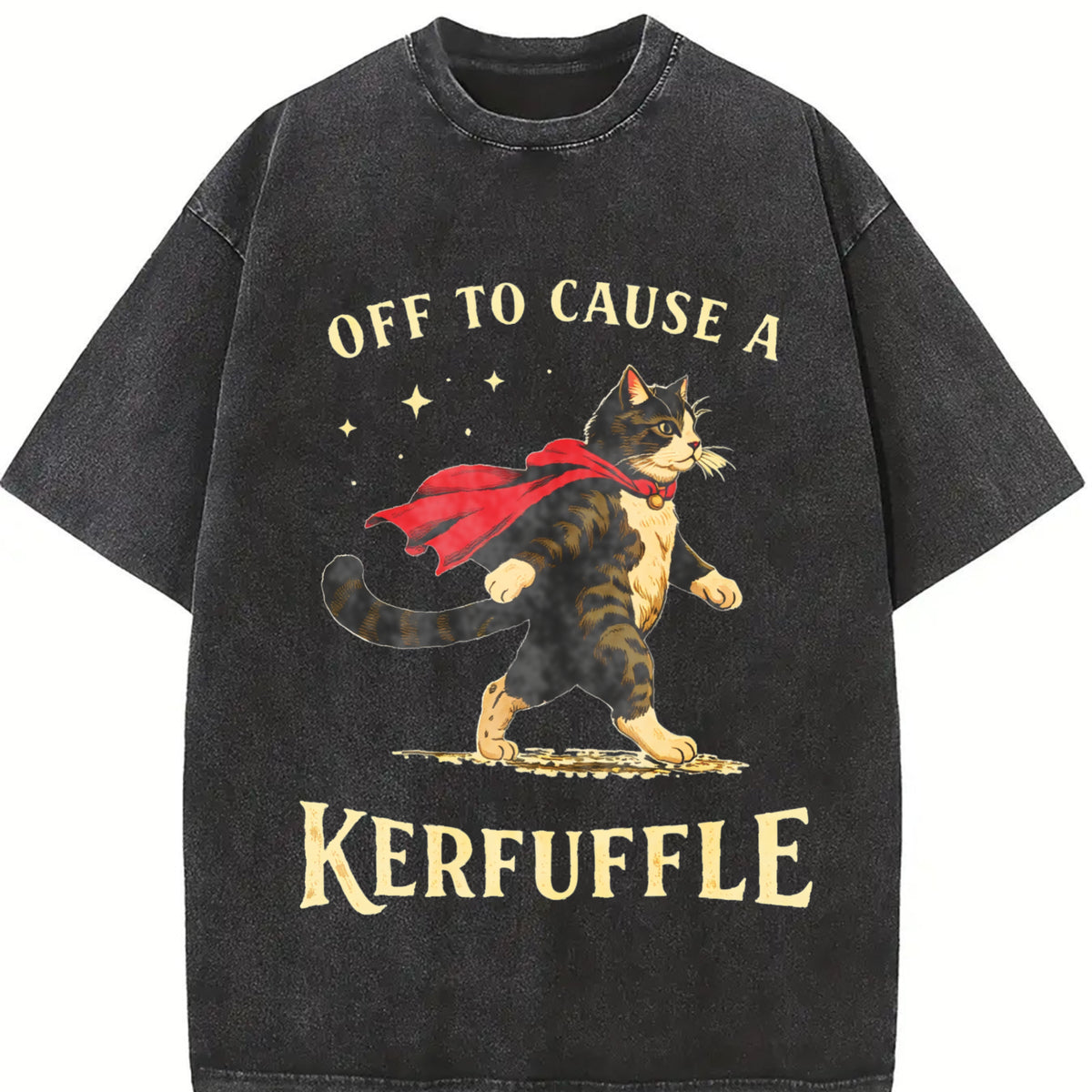 Off to Cause a Kerfuffle Superhero Cat Vintage Washed T-Shirt in Black