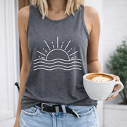 Sun Over Waves Crew-neck Sleeveless Vest Outdoor Women's Color Cotton Tank Top in Gray