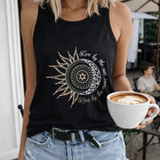 Sun and Moon Mandala Crew-neck Sleeveless Vest Outdoor Women's Color Cotton Tank Top in Black