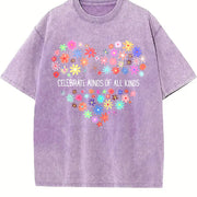 Celebrate Minds of All Kinds Floral Heart Vintage Washed T-Shirt in Purple