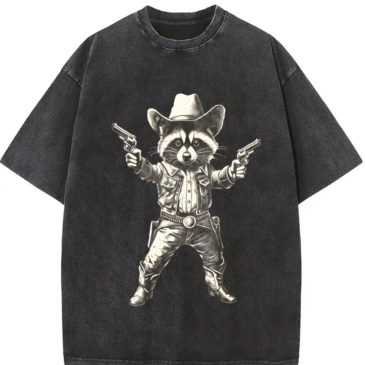 Cowboy Raccoon Retro Raccoon Vintage Washed T-Shirt in Black