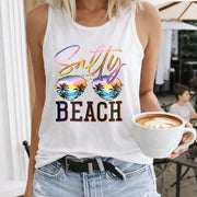 Salty Beach Sunglasses Palm Trees Sunset Crew-neck Women's Color Cotton Tank Top in White