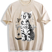 Retro- Loose-fitting with a Cute Cat and Snowflake Vintage Washed T-Shirt in Beige
