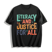 Reading Literacy and Justice for All Cotton T-Shirt in Black