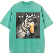 Raccoon Drinking Iced Coffee vintage washed oversized T-shirt in Blue