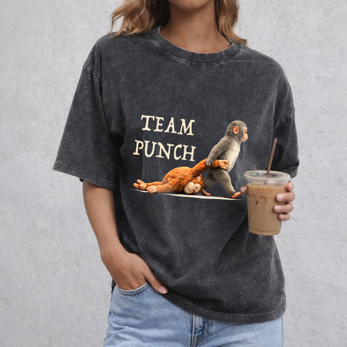 Team Punch Monkey – Funny Cute Animal Graphic vintage washed oversized T-shirt in Black