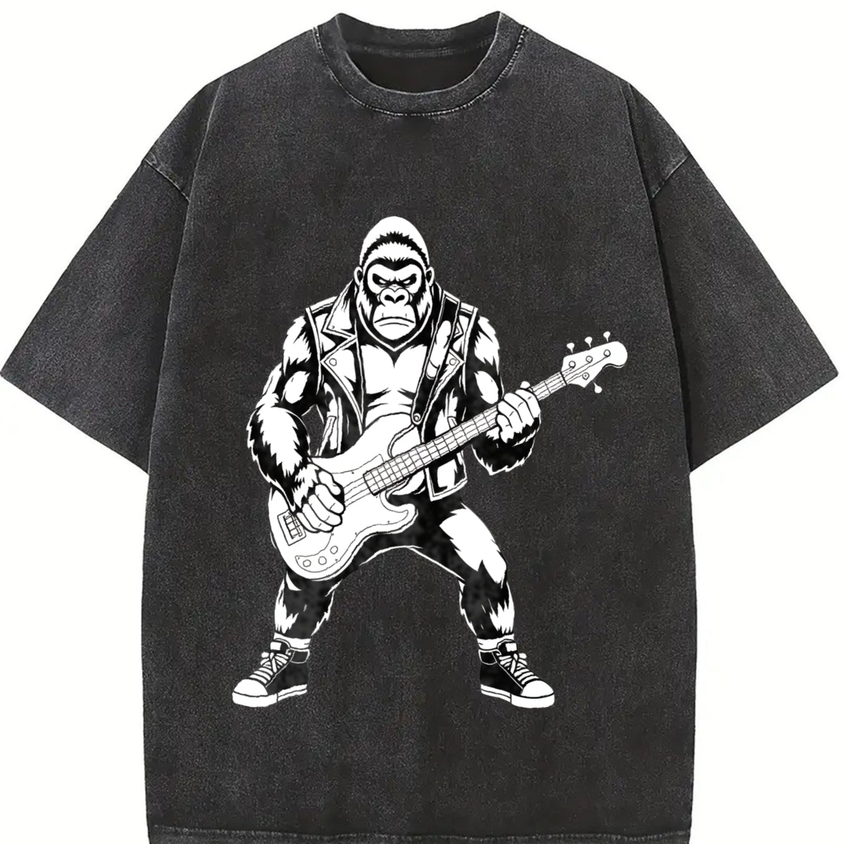 Retro Bigfoot Playing Guitar 90s Vintage Washed T-Shirt in Black