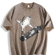 Skateboarding Cat Y2k Cat Vintage Washed T-Shirt in Brown