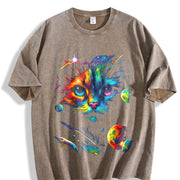 Cat Galaxy 90s ® Retro Mystical Cat Faded Vintage Washed T-Shirt in Brown